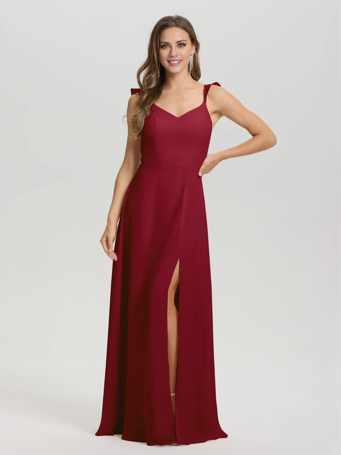 V-neck shoulder strap tied chiffon slit and floor length bridesmaid dress