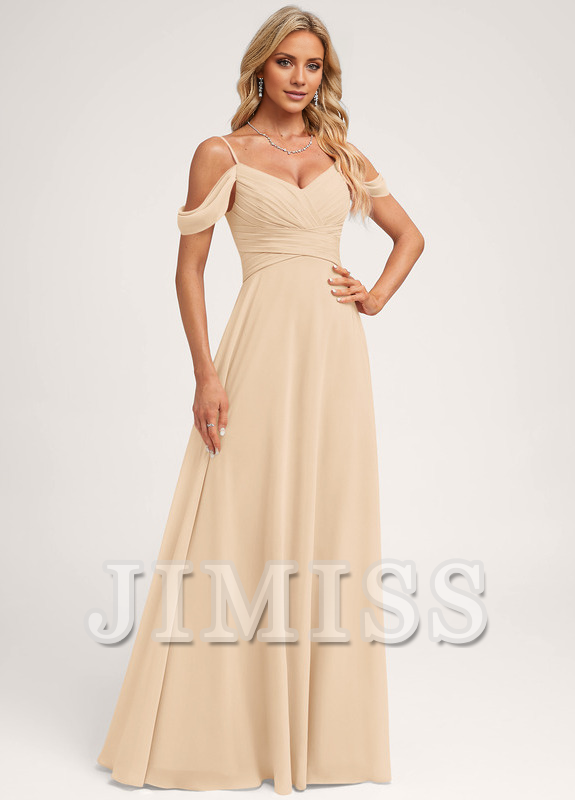 A-line off-shoulder floor-length chiffon bridesmaid dress