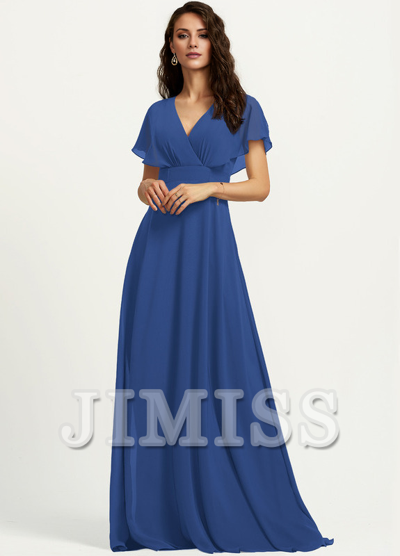 A-line V-neck floor-length chiffon bridesmaid dress