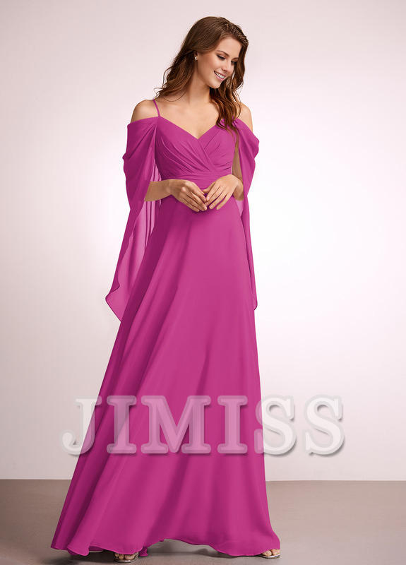 A-line off-shoulder floor-length chiffon bridesmaid dress