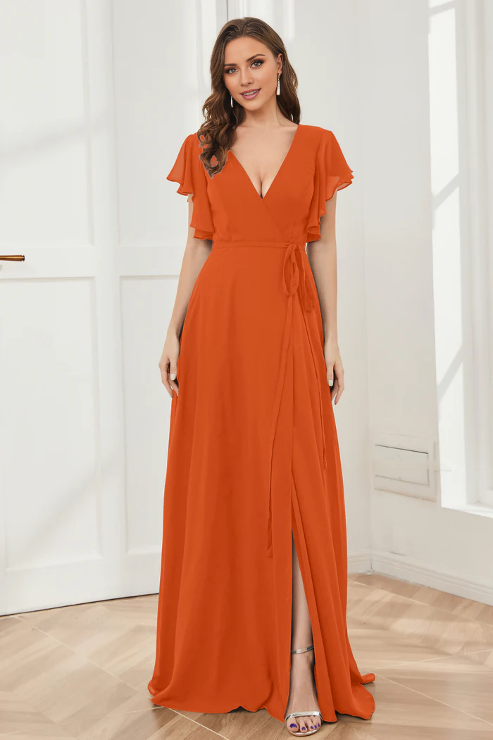 V-neck ruffled sleeve chiffon slit and floor length bridesmaid dress