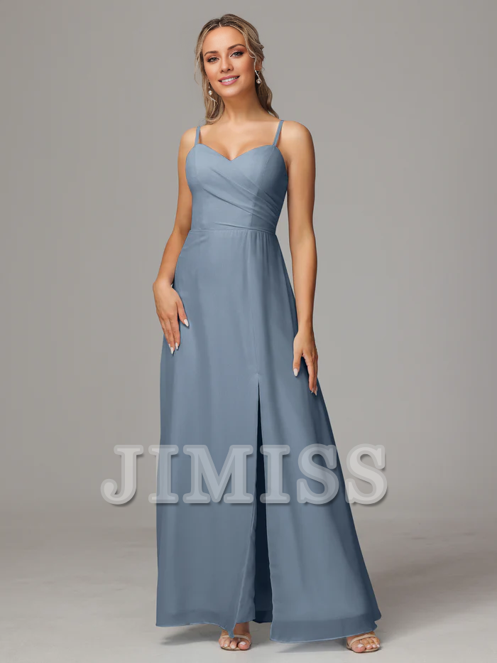 Thin shoulder strap sweetheart chiffon side slit bridesmaid dress