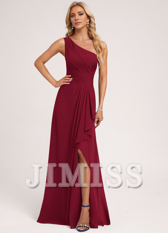 Ruffled A-line One Shoulder Floor Length Chiffon Bridesmaid Dress