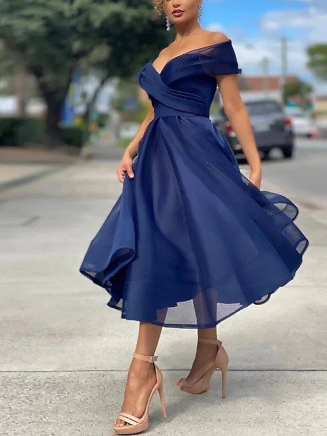 A-Line Empire Minimalist Party Wear Prom Dress Off Shoulder Sleeveless Tea Length Tulle with Pleats - RongMoon