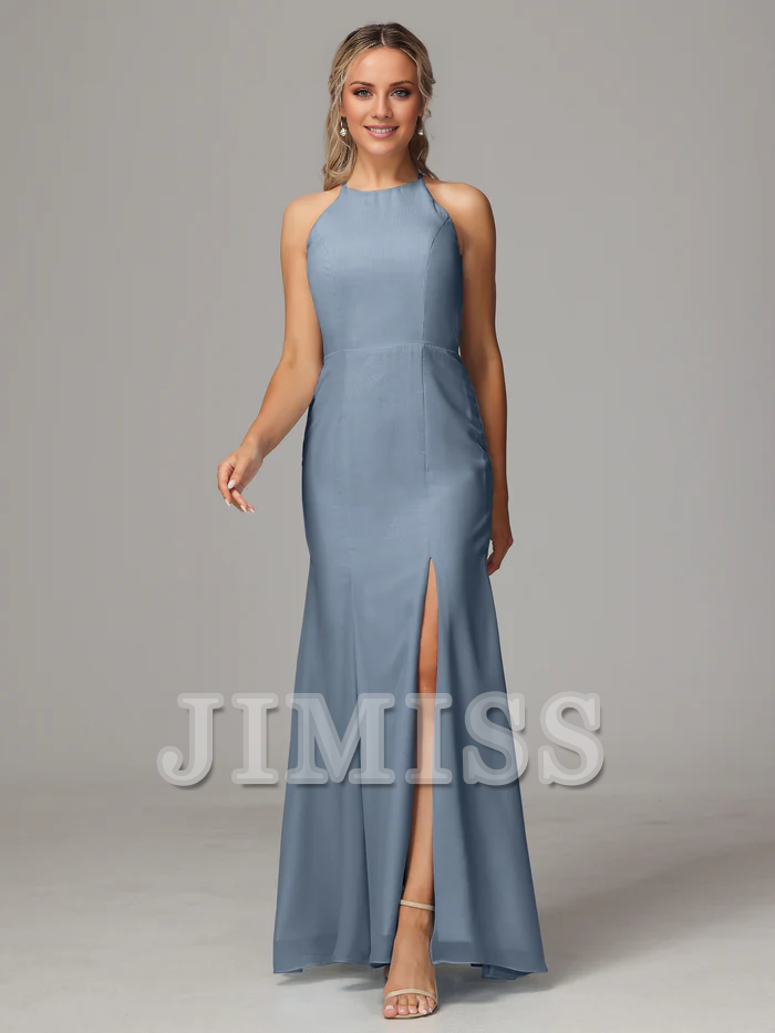 Hanging neck backless chiffon side slit bridesmaid dress