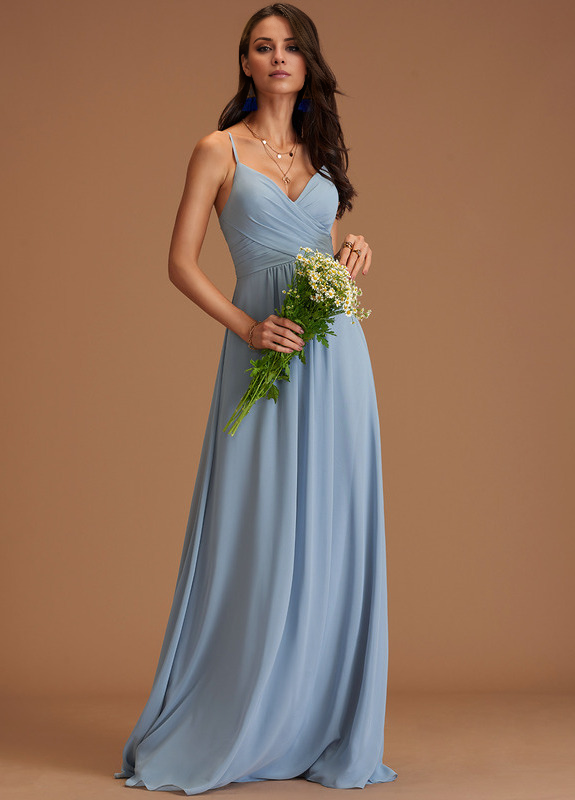 A-line V-neck floor-length chiffon pleated bridesmaid dress