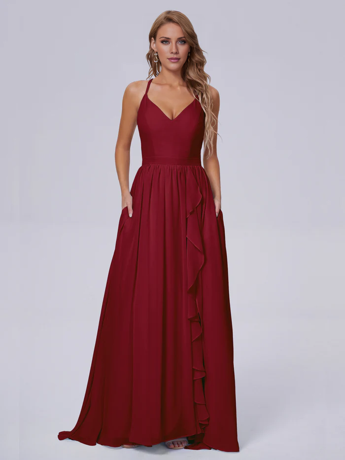 Elegant shoulder strap chiffon and floor length bridesmaid dress