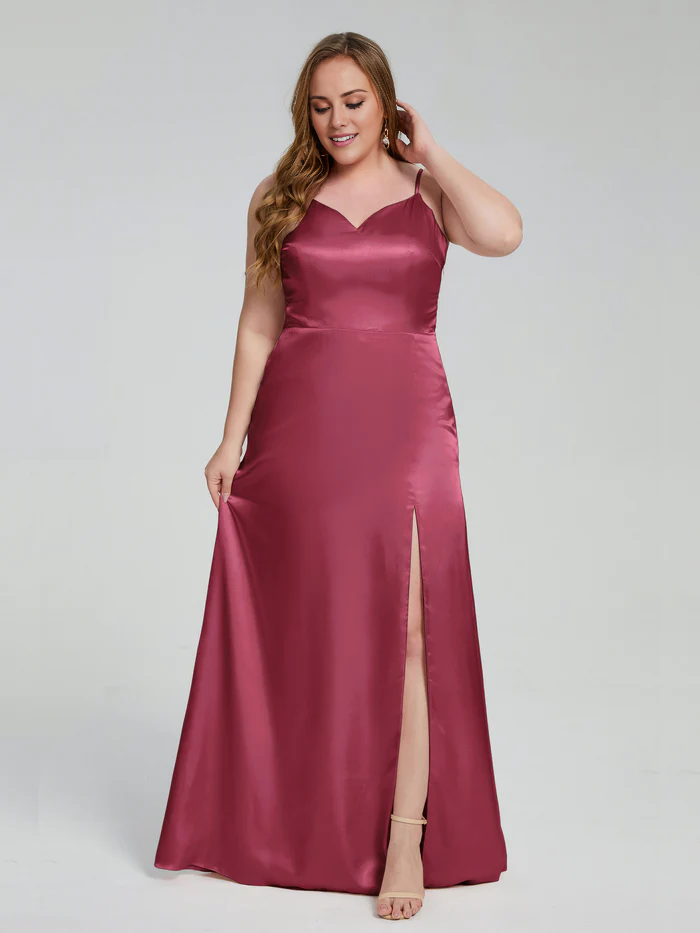 Split plus size soft satin and floor length bridesmaid dress