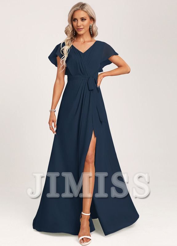 Ruffled A-line V-neck Floor-length Chiffon Bridesmaids Dress