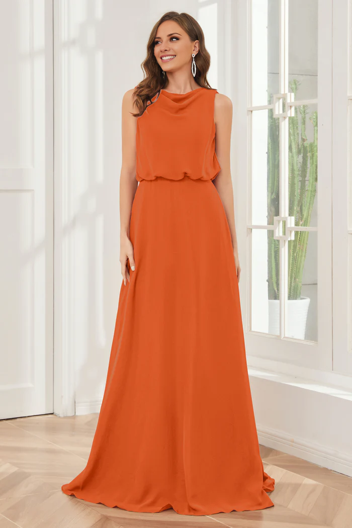 Pillar style wind neck sleeveless chiffon and floor length bridesmaid dress