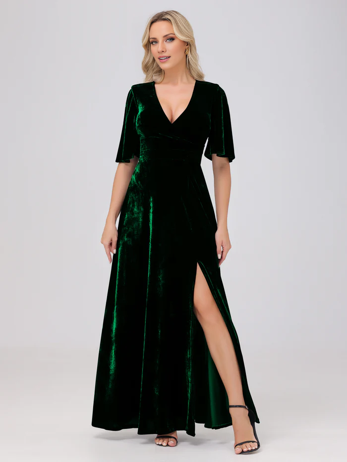 A-line V-neck short sleeved slit velvet and floor length bridesmaid dress
