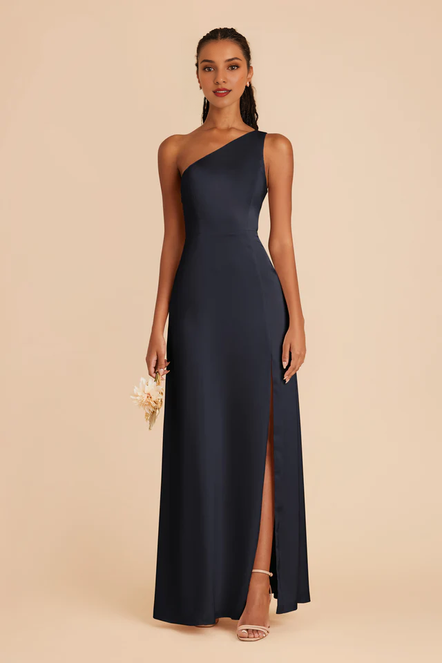 One shoulder collar fully lined trumpet shaped mermaid slit bridesmaid dress