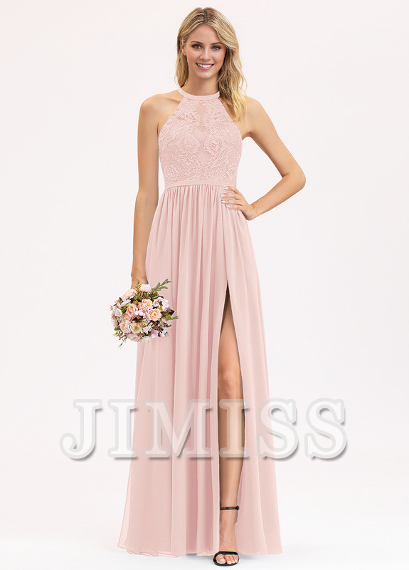A-line Scoop Neck Floor Length Lace Chiffon Bridesmaids Dress
