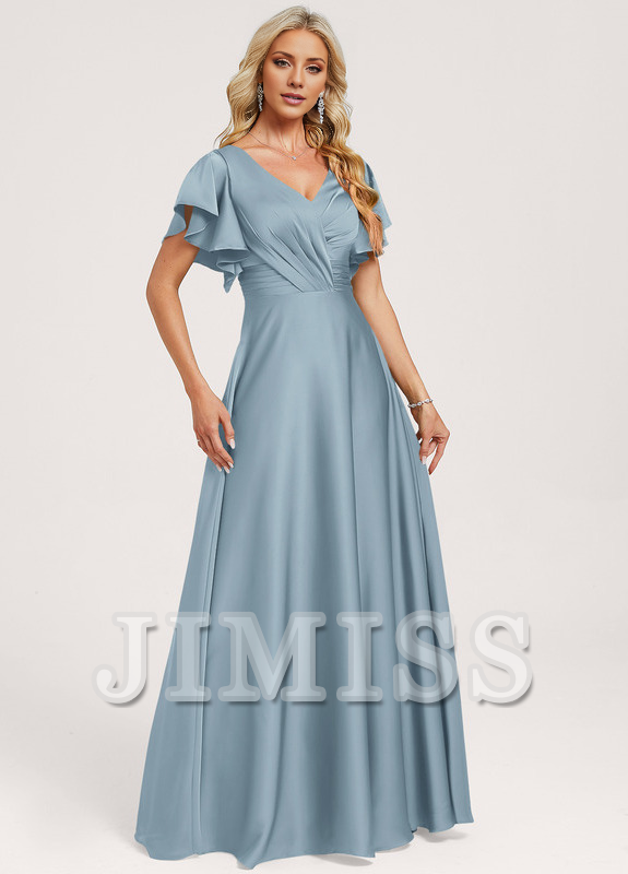 Ruffled A-line V-neck Floor-length Satin Bridesmaids Dress