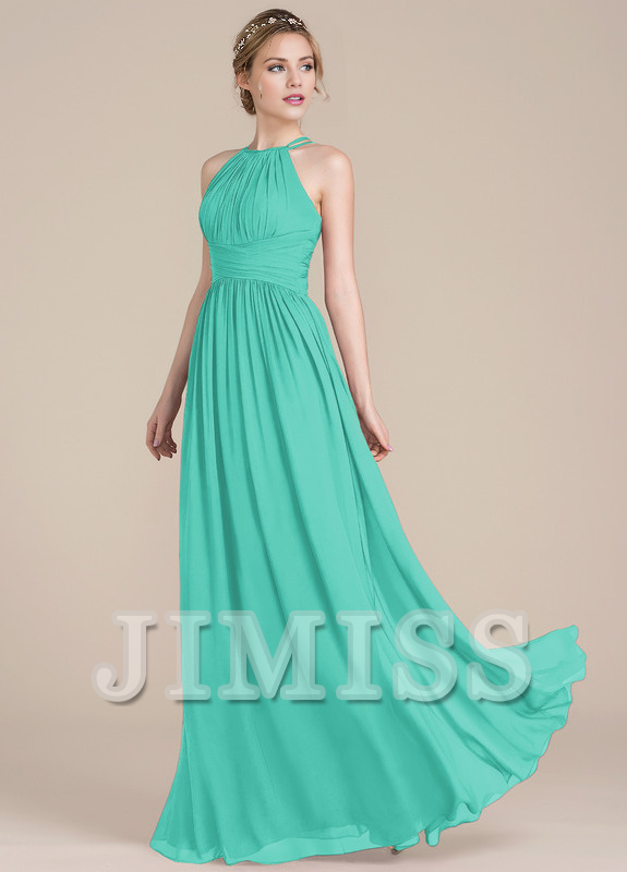 Lotus leaf A-line low round neck chiffon bridesmaid dress