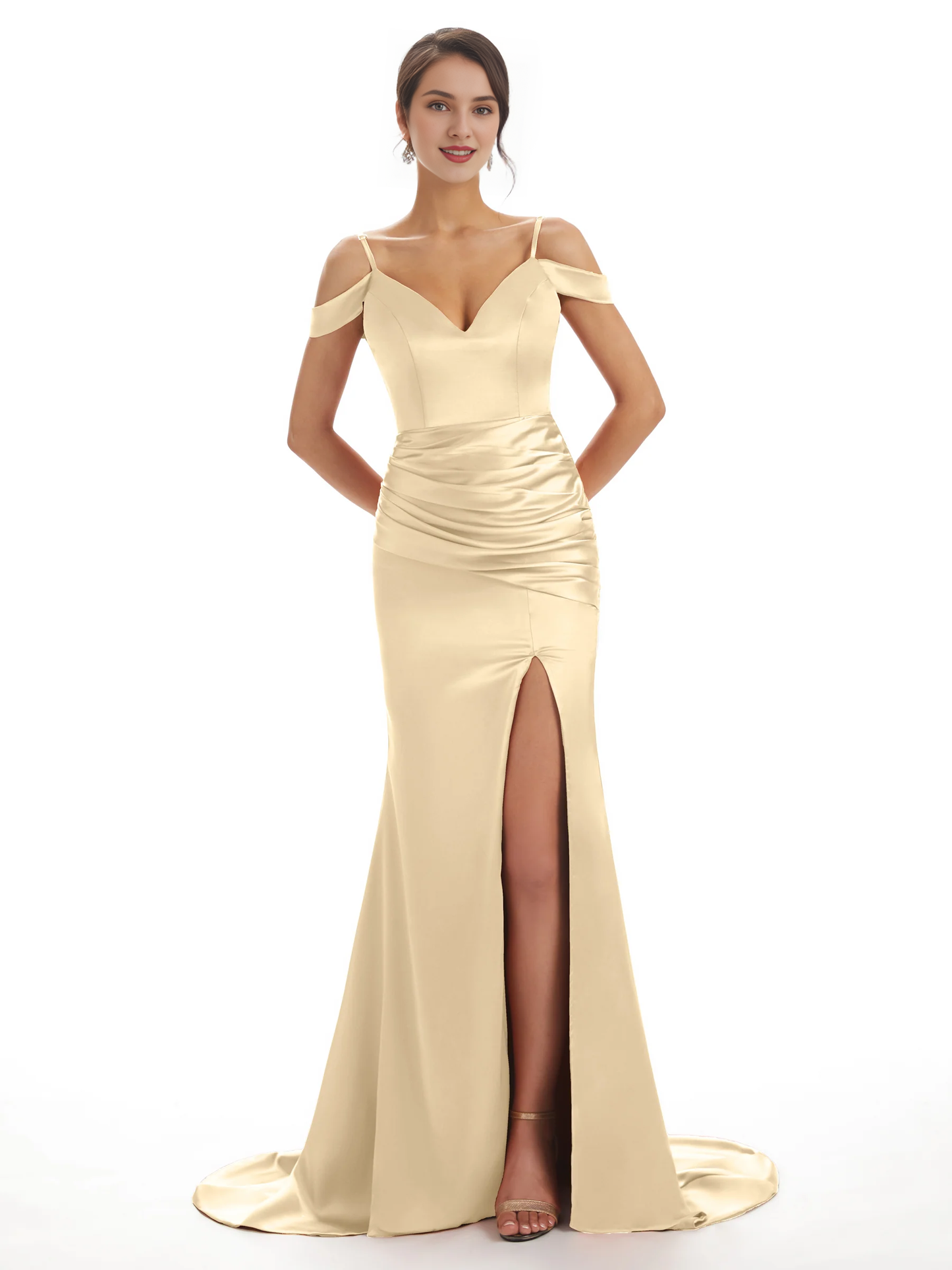 Sexy off shoulder soft satin side slit long fish tail bridesmaid dress