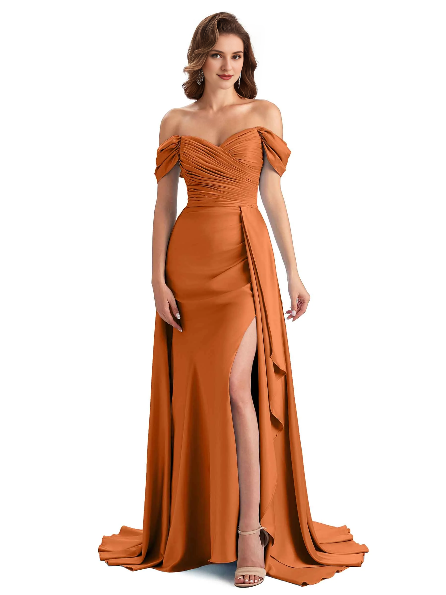 Sexy side slit mermaid soft satin off shoulder long unique bridesmaid dress