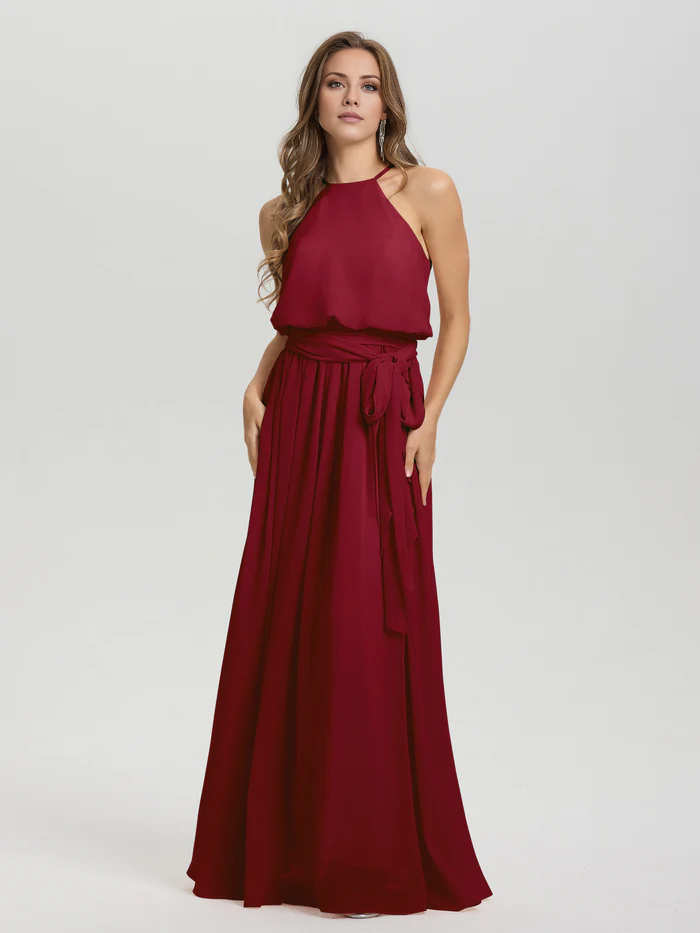 Hanging neck low round neck sleeveless chiffon and floor length Bridesmaid dresses