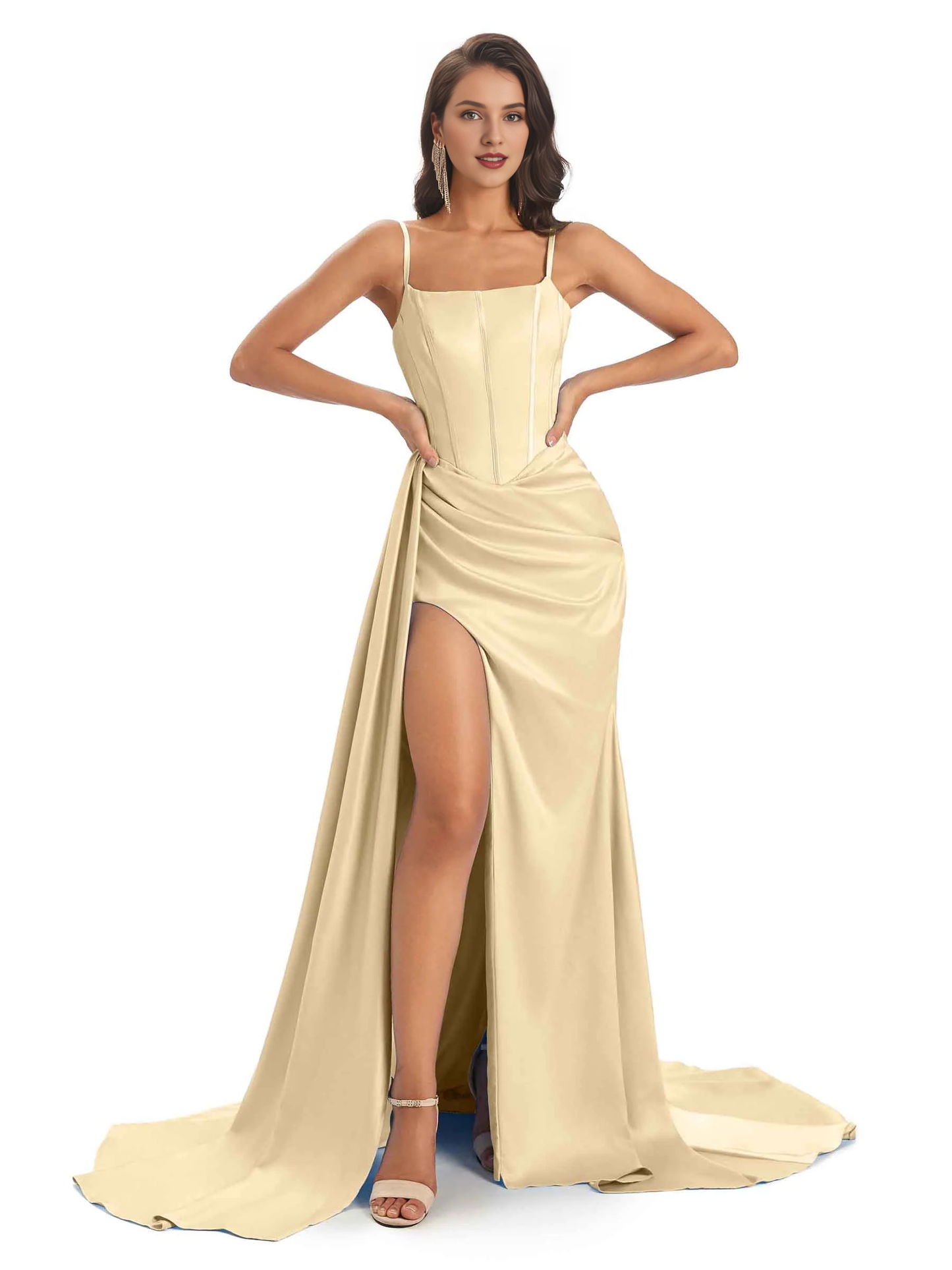 Sexy and soft satin side slit thin shoulder strap long mermaid unique bridesmaid dress