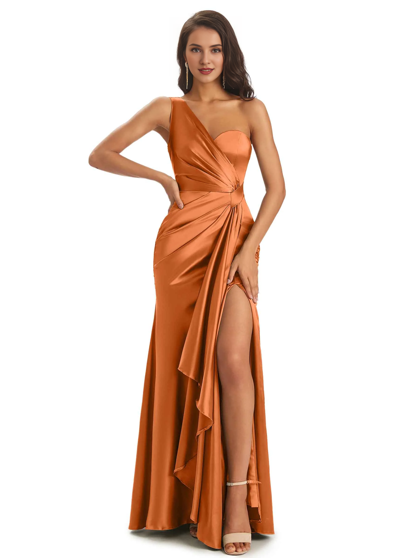 Elegant and soft satin side slit one shoulder unique fish tail bridesmaid dress