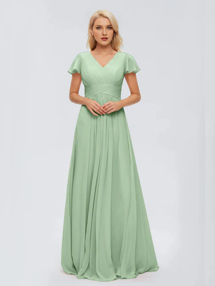 A-line V-neck chiffon and floor length bridesmaid dress