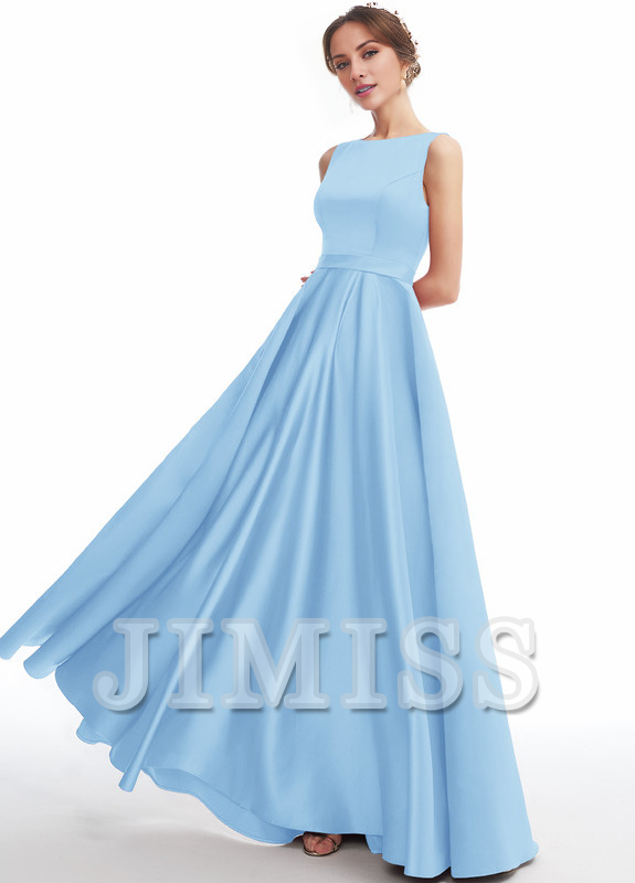 A-line Scoop Neck Floor Length Satin Bridesmaids Dress