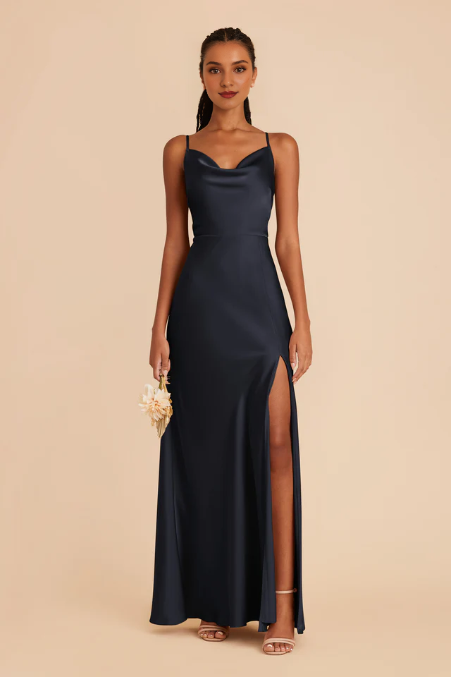 Fully lined pleated neckline with slit and floor length bridesmaid dress