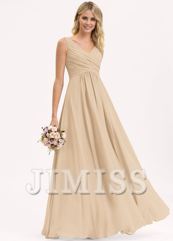 A-line V-neck floor-length chiffon pleated bridesmaid dress