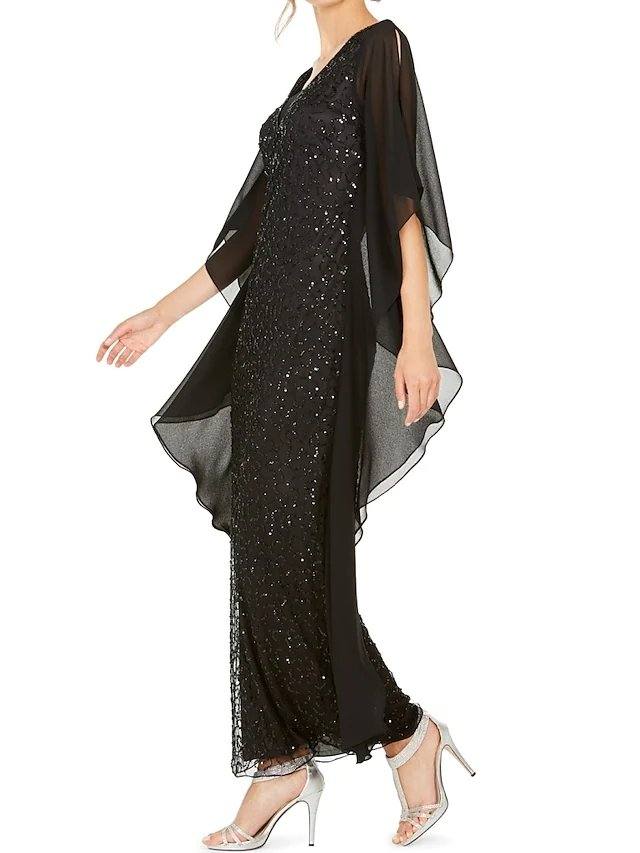 A-Line Mother of the Bride Dress Elegant V Neck Ankle Length Chiffon Half Sleeve with Ruching - RongMoon