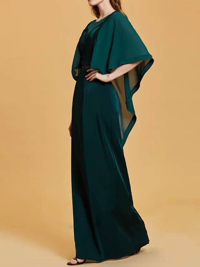 Sheath / Column Mother of the Bride Dress Elegant Jewel Neck Floor Length Chiffon Lace 3/4 Length Sleeve with Split Front - RongMoon
