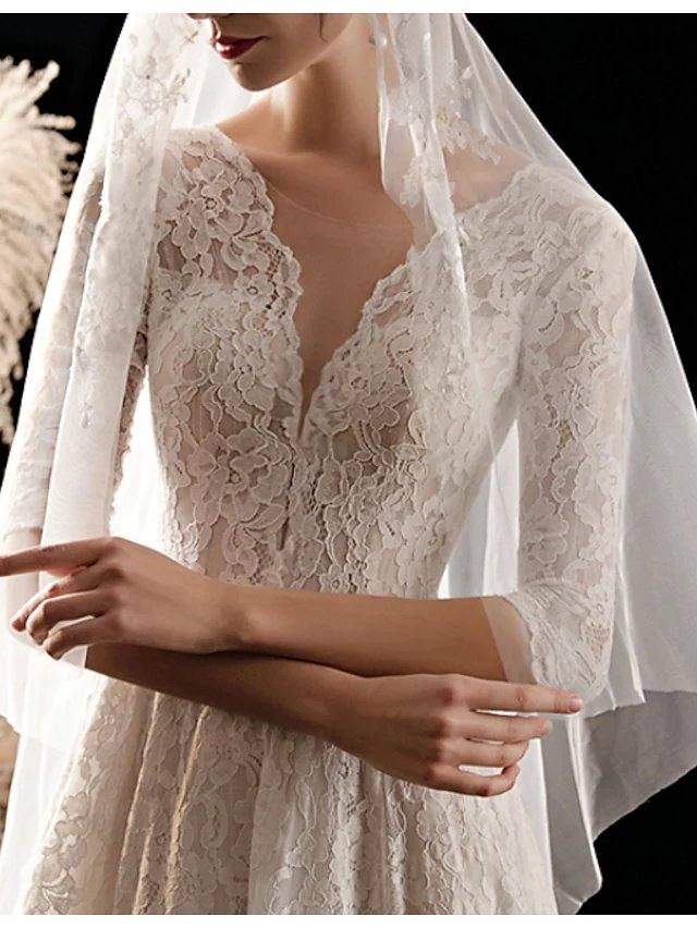 A-Line Wedding Dresses V Neck Sweep / Brush Train Lace 3/4 Length Sleeve Formal Romantic Vintage with Pleats - RongMoon