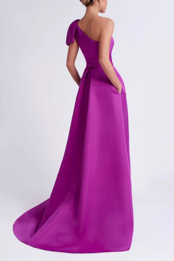 Unique satin A-shaped single shoulder butterfly strap pocket mother of the bride dresses