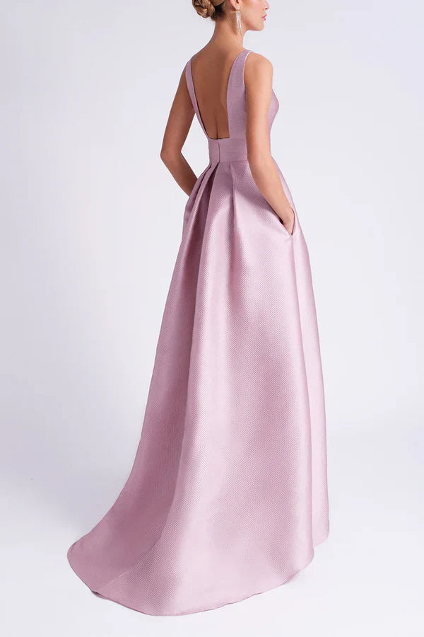 Satin A-shaped circular sleeveless floral pocket height mother of the bride dresses