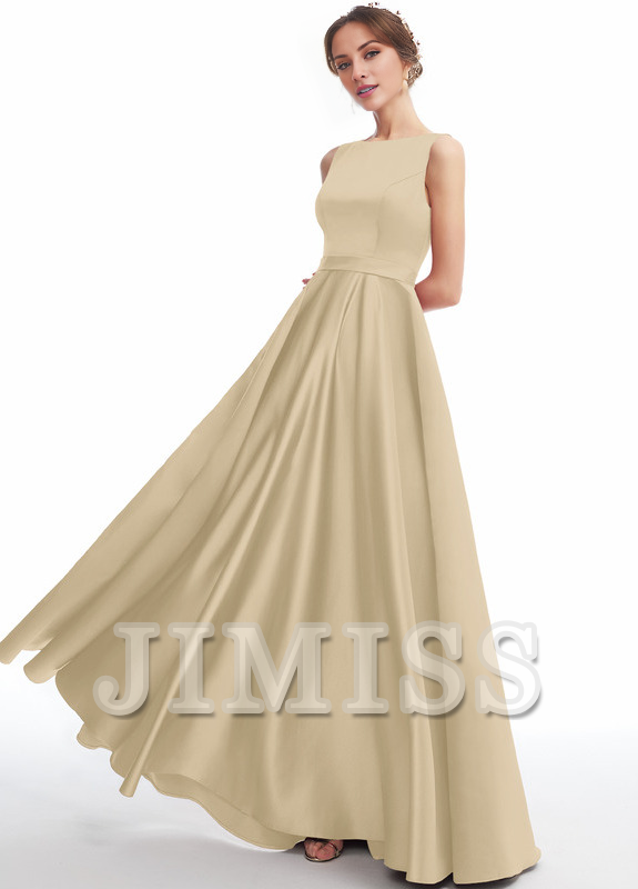 A-line Scoop Neck Floor Length Satin Bridesmaids Dress
