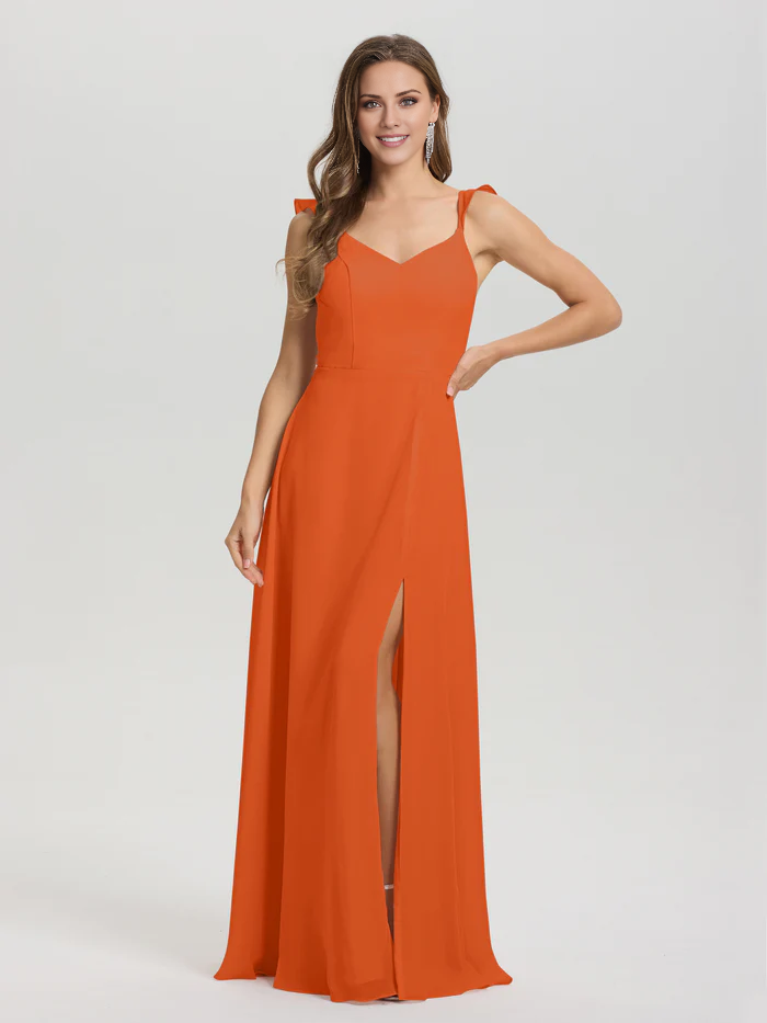 V-neck shoulder strap tied chiffon slit and floor length bridesmaid dress