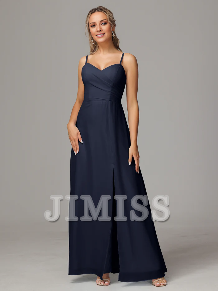 Thin shoulder strap sweetheart chiffon side slit bridesmaid dress