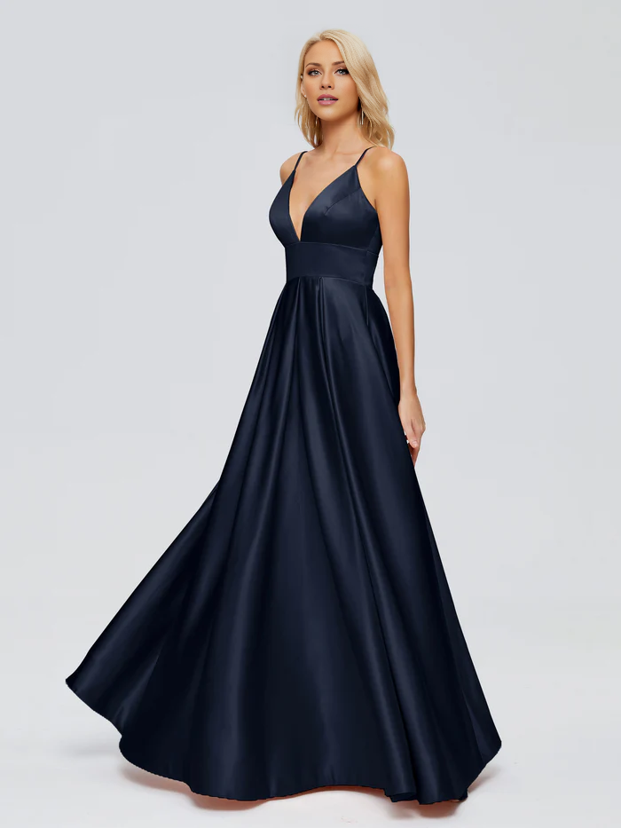 V-neck thin shoulder strap satin and floor length bridesmaid dress