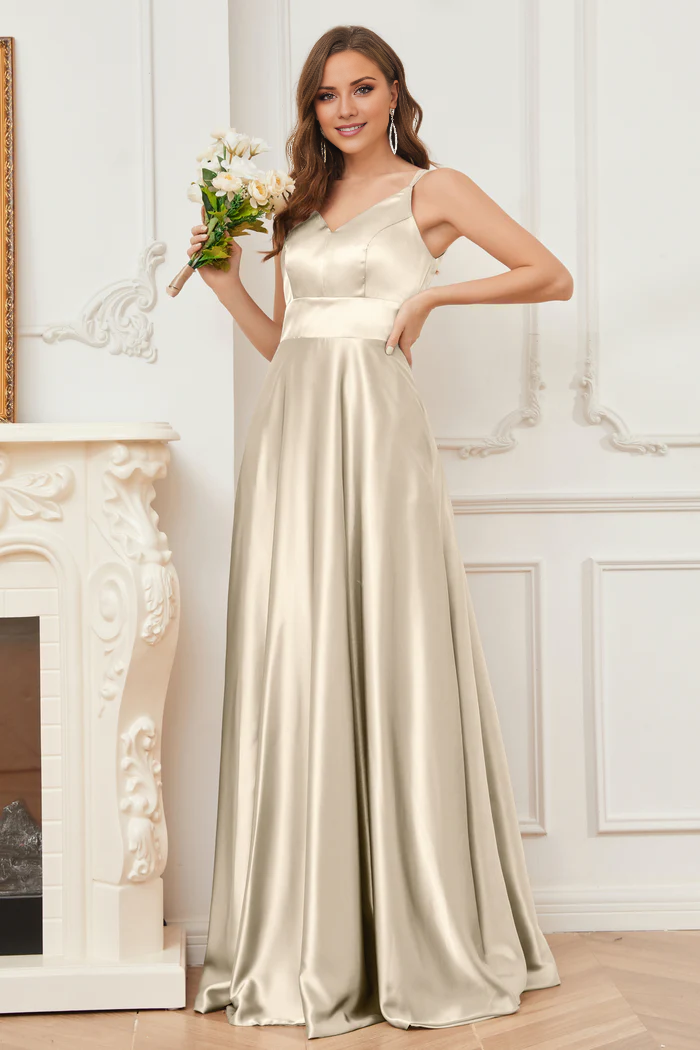 Thin shoulder strap V-neck soft satin and floor length bridesmaid dress