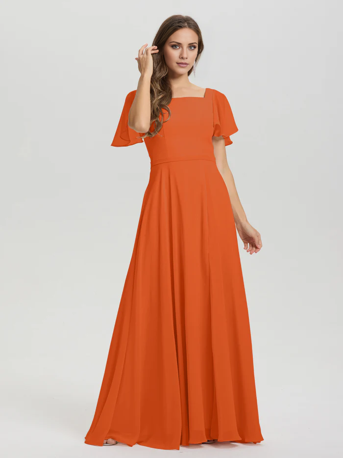A-line square collar ruffled short sleeved and ground chiffon/ground length bridesmaid dress