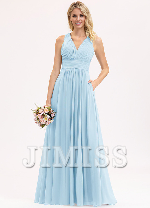 Bow Ruffle A-Line V-Neck Floor Length Chiffon Bridesmaids Dress