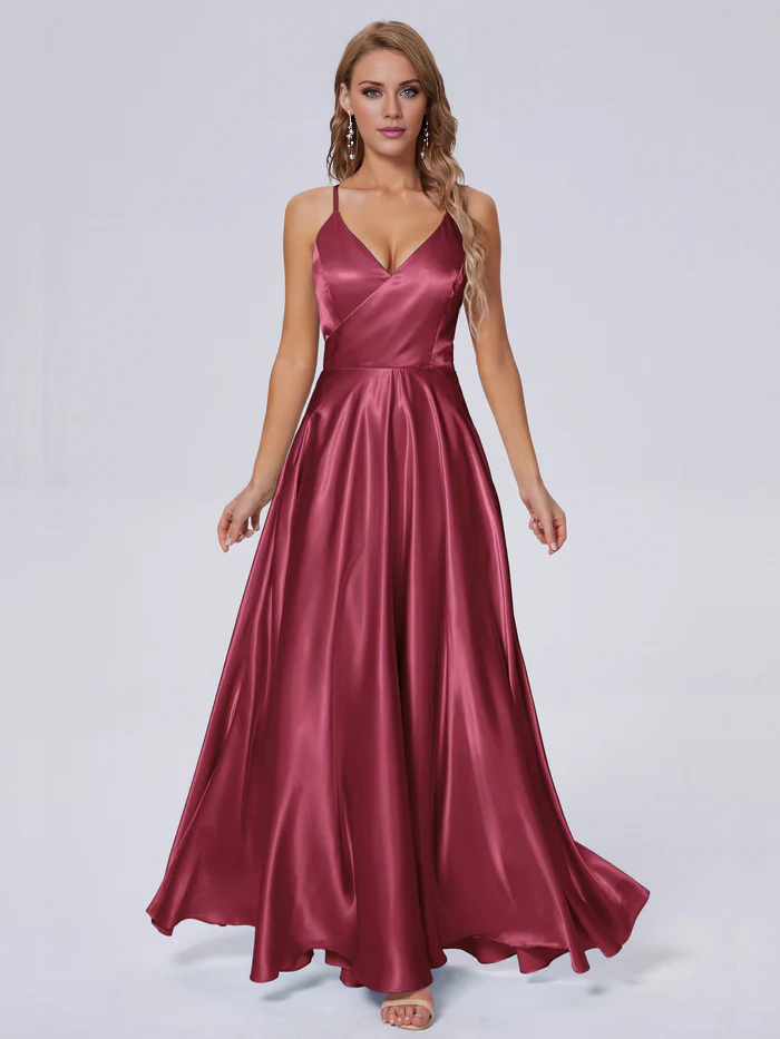 Elegant shoulder strap soft satin and floor length bridesmaid dress