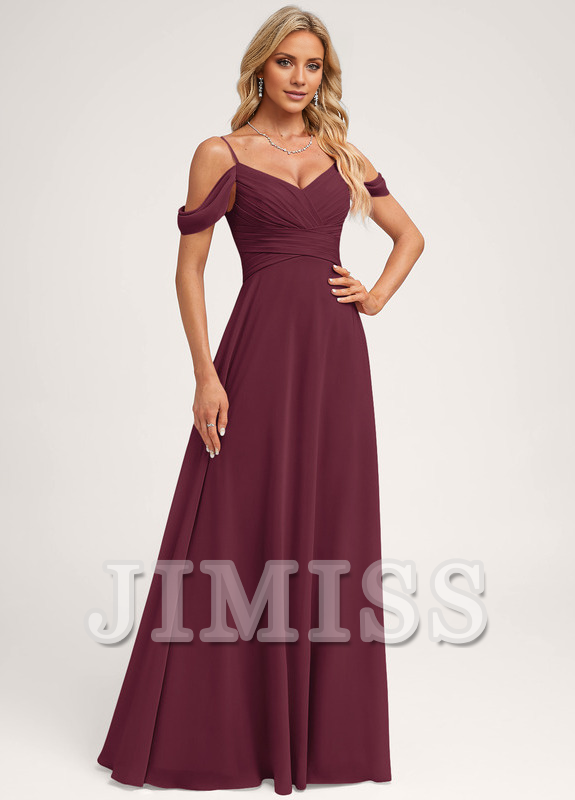 A-line off-shoulder floor-length chiffon bridesmaid dress
