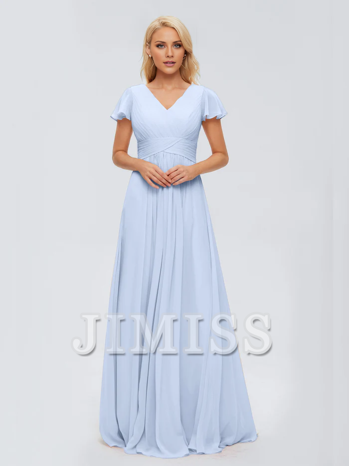 A-line V-neck chiffon side slit and floor length bridesmaid dress