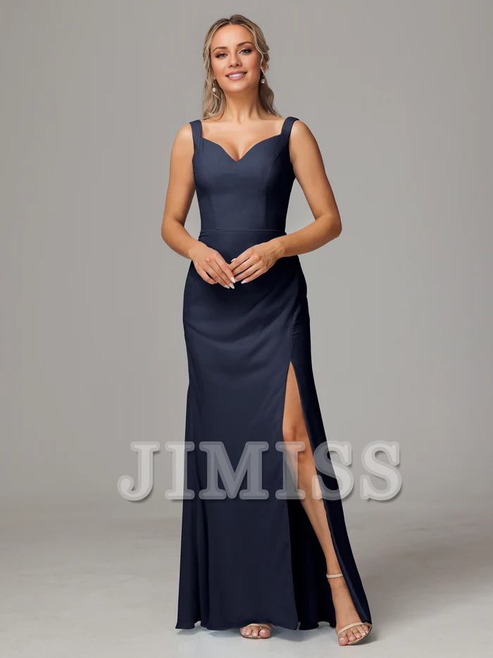 V-neck slit sleeveless off shoulder chiffon bridesmaid dress