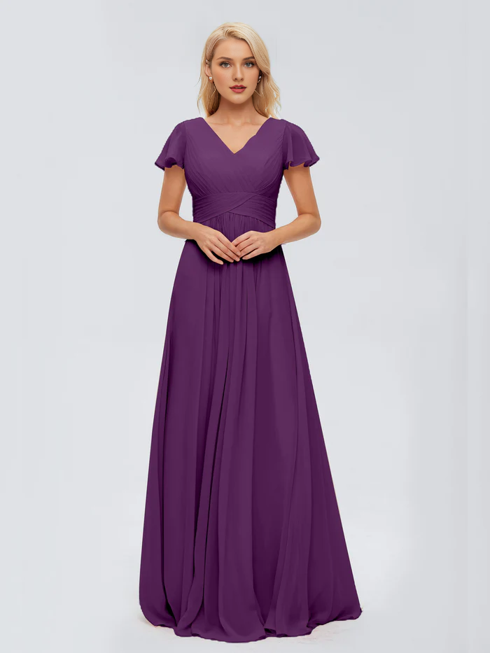 A-line V-neck chiffon and floor length bridesmaid dress