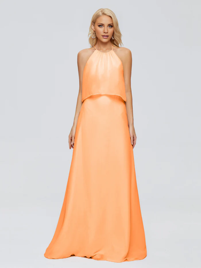 Post neck chiffon and floor length bridesmaid dress