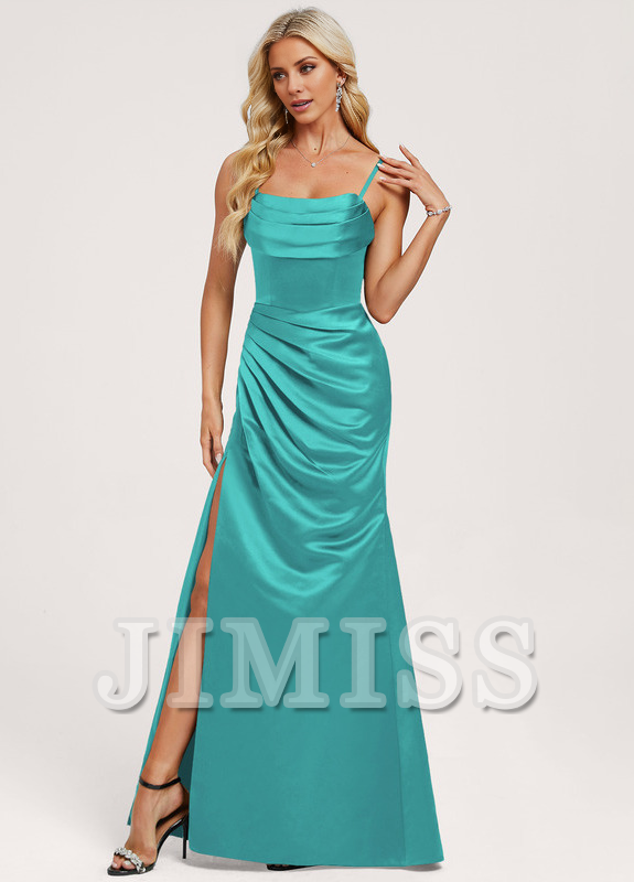 Trumpet/Mermaid Hood Ruffle Floor Length Satin Bridesmaids Dress