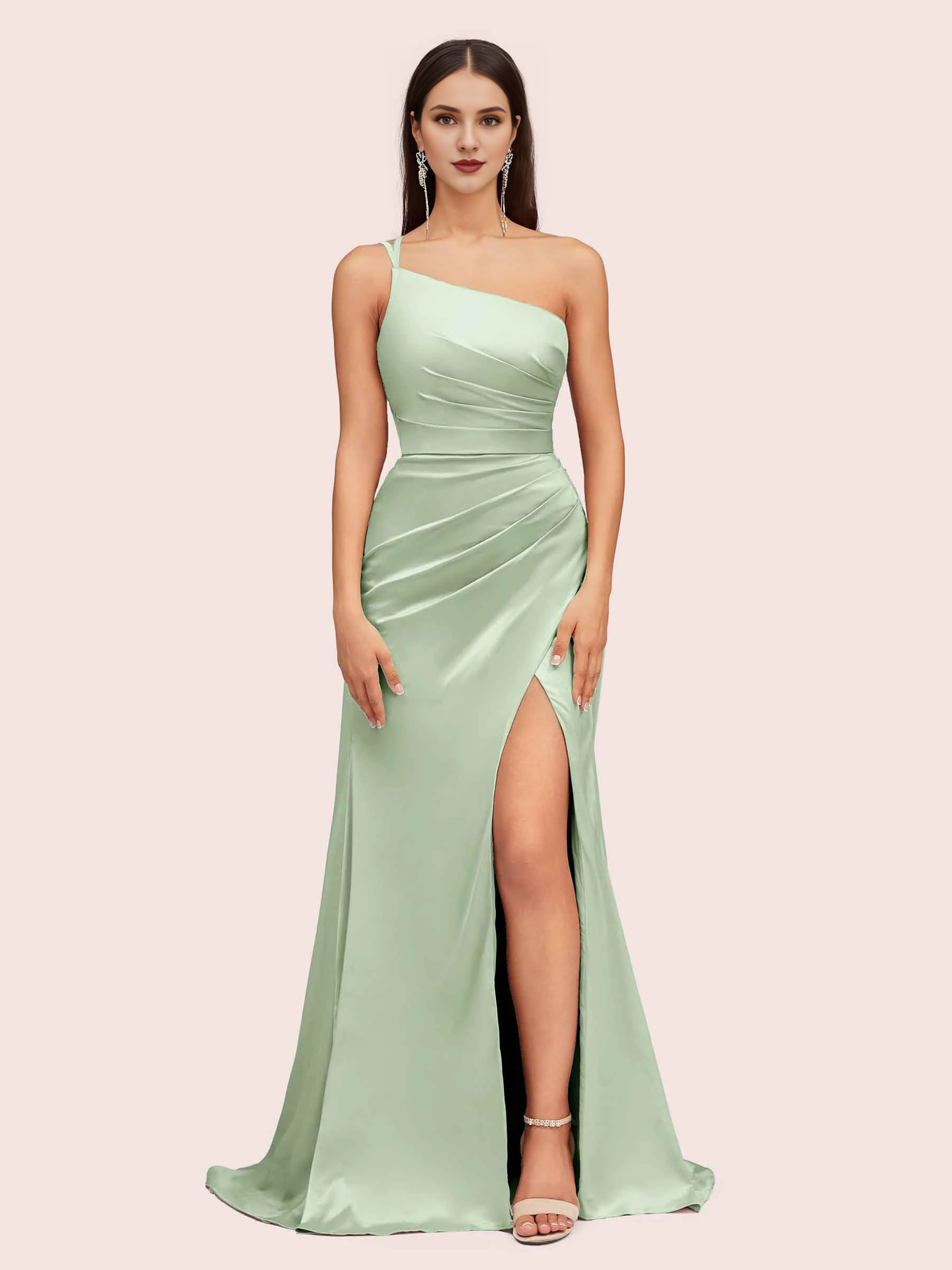 one shoulder bridesmaid dresses soft satin marmaid dress for wedding guest with side slit