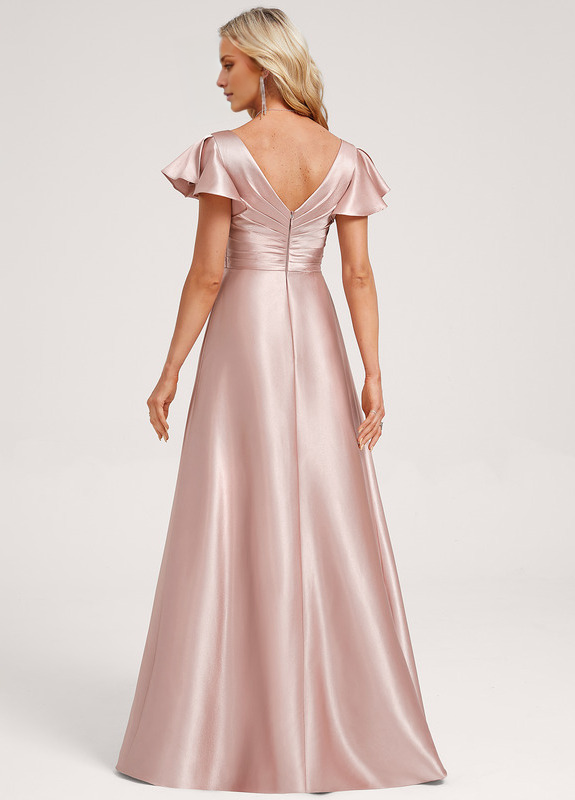 Ruffled A-line V-neck Floor-length Satin Bridesmaids Dress