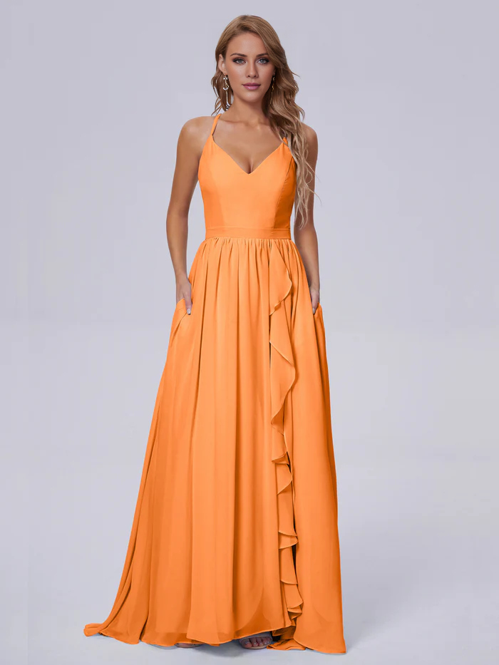 Elegant shoulder strap chiffon and floor length bridesmaid dress